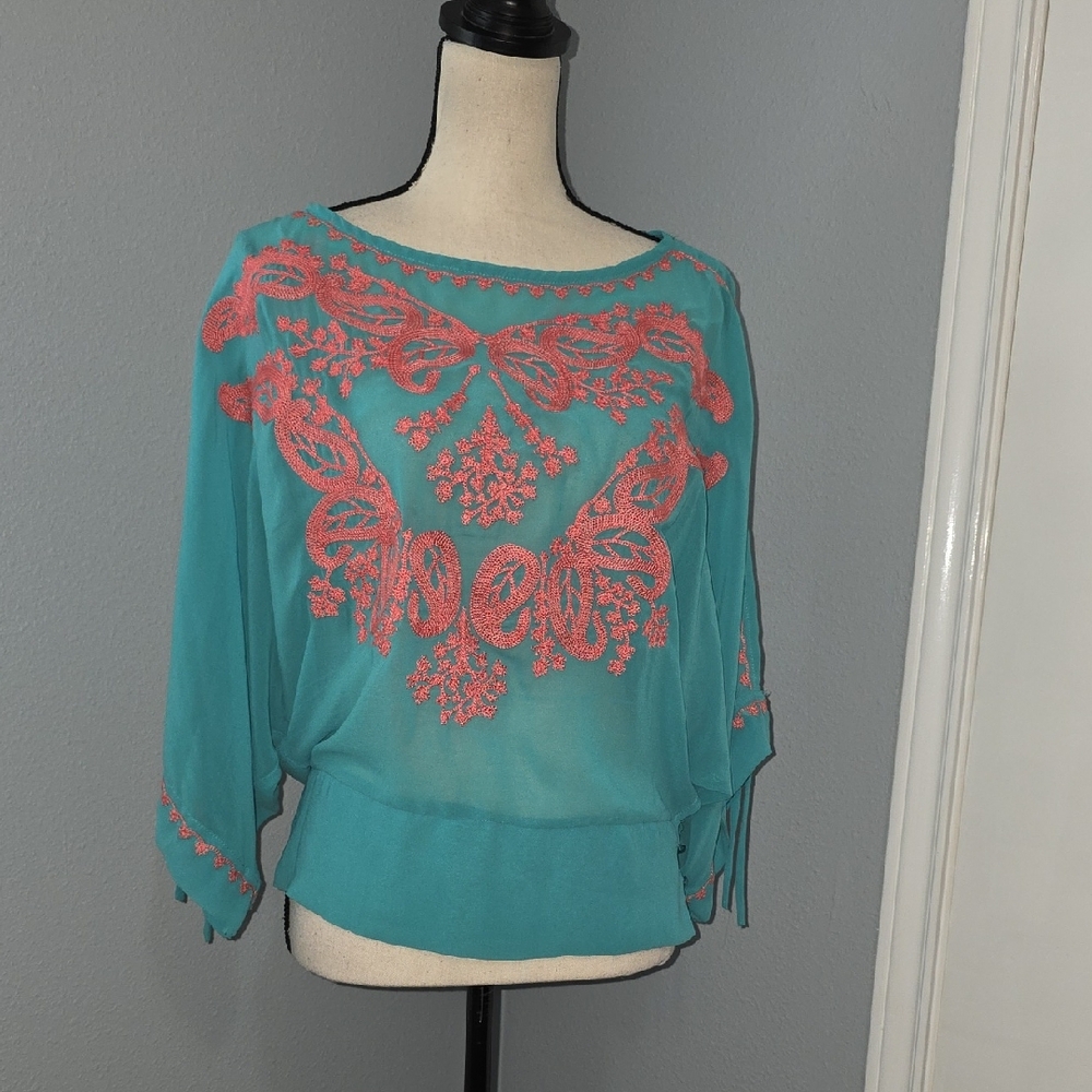 Karlie Teal and Coral Embroidered Blouse